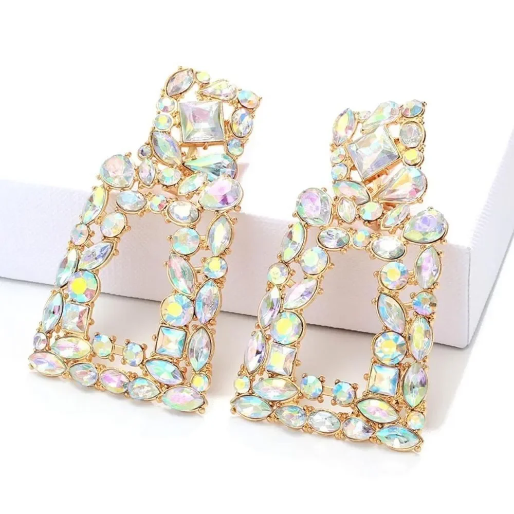 Yellow Gold with Iridescent AB Crystal Geometric Rectangle Post Back Earrings